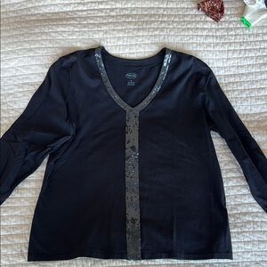 Navy Sequin Trim V-Neck Top